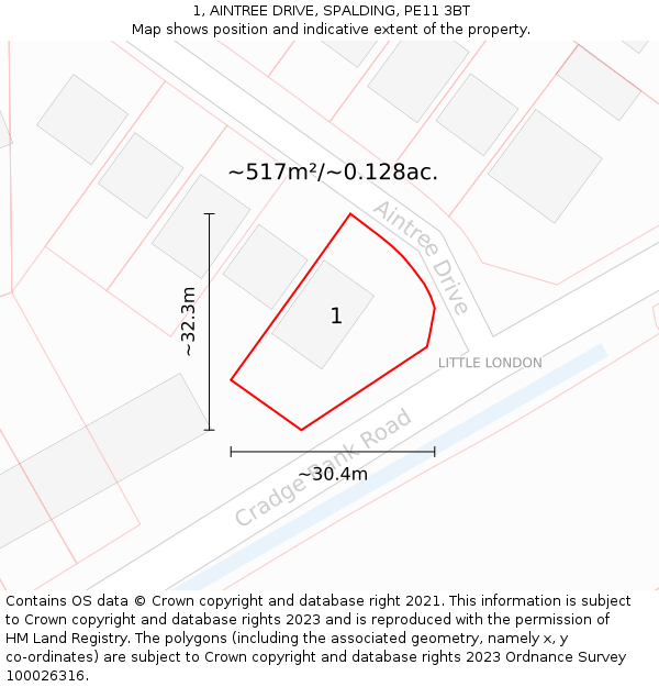 1, AINTREE DRIVE, SPALDING, PE11 3BT: Plot and title map