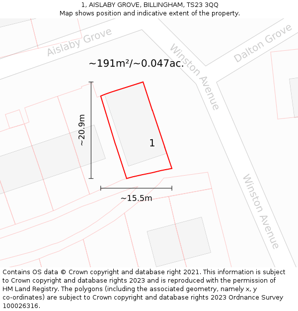 1, AISLABY GROVE, BILLINGHAM, TS23 3QQ: Plot and title map