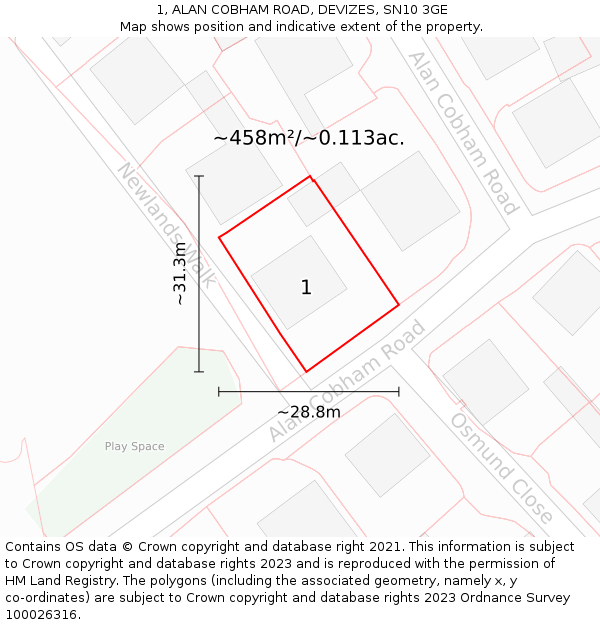 1, ALAN COBHAM ROAD, DEVIZES, SN10 3GE: Plot and title map