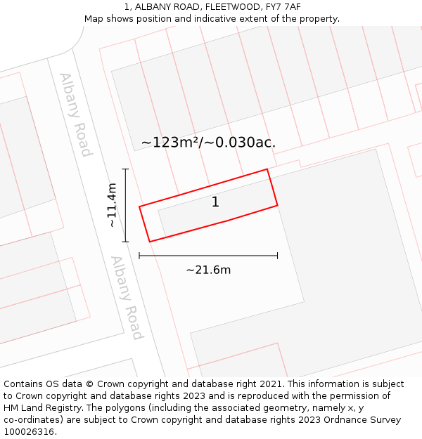 1, ALBANY ROAD, FLEETWOOD, FY7 7AF: Plot and title map