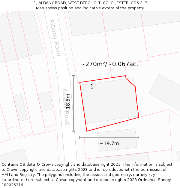 1, ALBANY ROAD, WEST BERGHOLT, COLCHESTER, CO6 3LB: Plot and title map