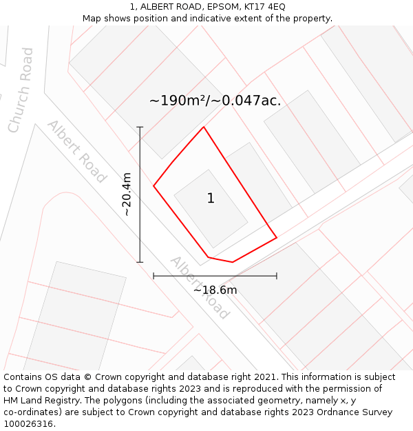 1, ALBERT ROAD, EPSOM, KT17 4EQ: Plot and title map