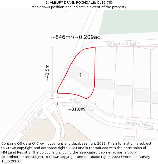 1, ALBURY DRIVE, ROCHDALE, OL12 7SX: Plot and title map