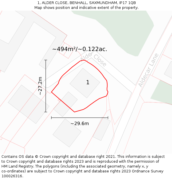 1, ALDER CLOSE, BENHALL, SAXMUNDHAM, IP17 1QB: Plot and title map