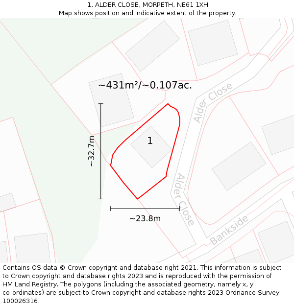 1, ALDER CLOSE, MORPETH, NE61 1XH: Plot and title map