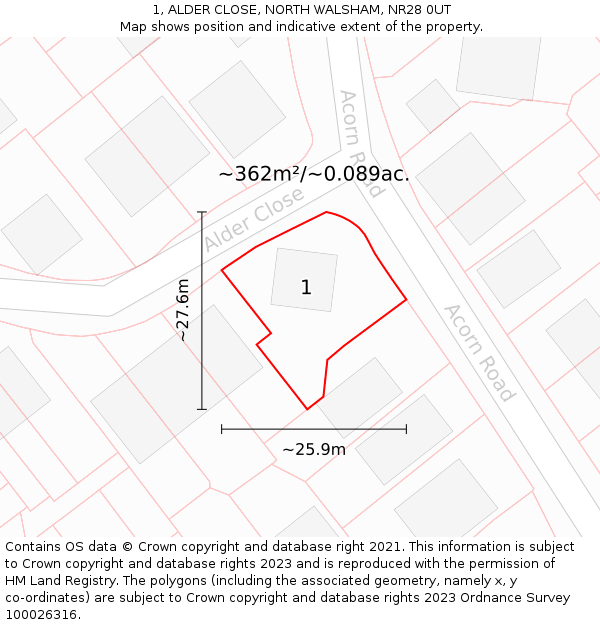 1, ALDER CLOSE, NORTH WALSHAM, NR28 0UT: Plot and title map