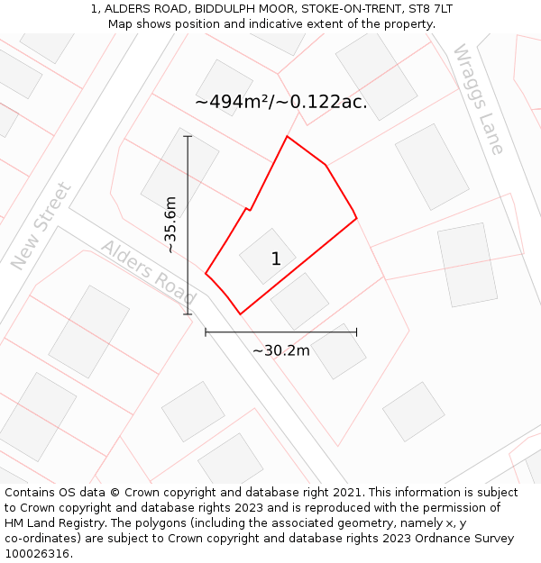 1, ALDERS ROAD, BIDDULPH MOOR, STOKE-ON-TRENT, ST8 7LT: Plot and title map