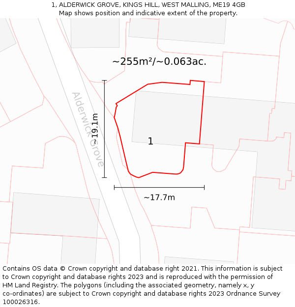 1, ALDERWICK GROVE, KINGS HILL, WEST MALLING, ME19 4GB: Plot and title map