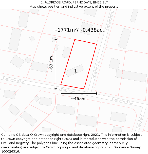 1, ALDRIDGE ROAD, FERNDOWN, BH22 8LT: Plot and title map