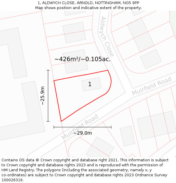 1, ALDWYCH CLOSE, ARNOLD, NOTTINGHAM, NG5 9PP: Plot and title map