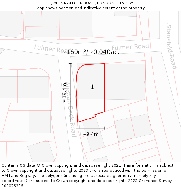 1, ALESTAN BECK ROAD, LONDON, E16 3TW: Plot and title map