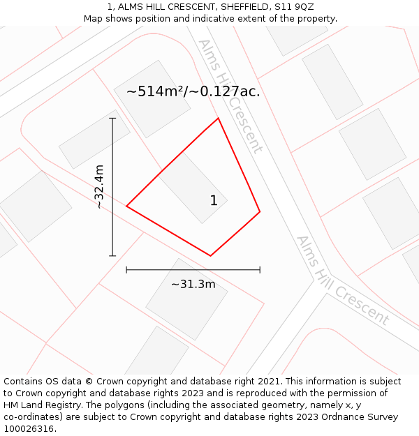 1, ALMS HILL CRESCENT, SHEFFIELD, S11 9QZ: Plot and title map