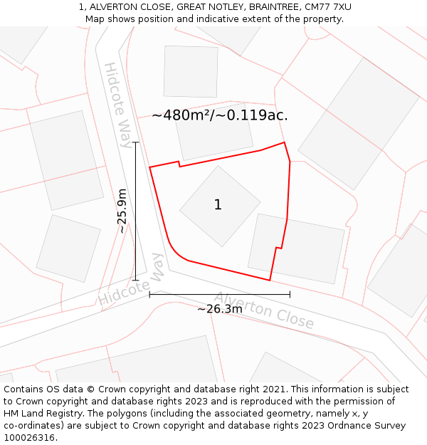 1, ALVERTON CLOSE, GREAT NOTLEY, BRAINTREE, CM77 7XU: Plot and title map