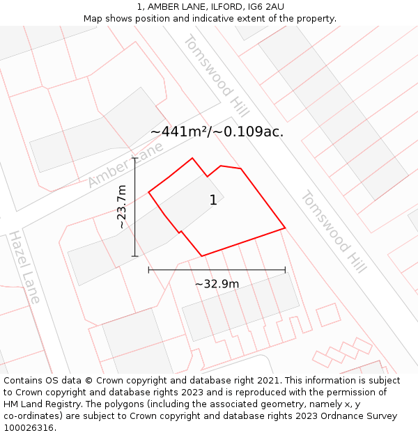 1, AMBER LANE, ILFORD, IG6 2AU: Plot and title map