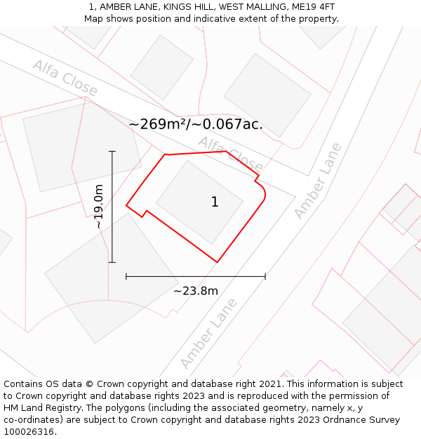 1, AMBER LANE, KINGS HILL, WEST MALLING, ME19 4FT: Plot and title map