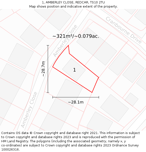 1, AMBERLEY CLOSE, REDCAR, TS10 2TU: Plot and title map