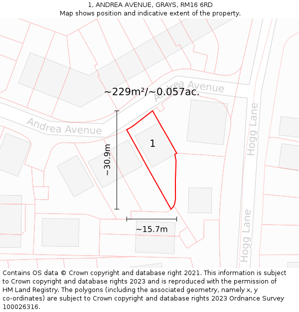 1, ANDREA AVENUE, GRAYS, RM16 6RD: Plot and title map
