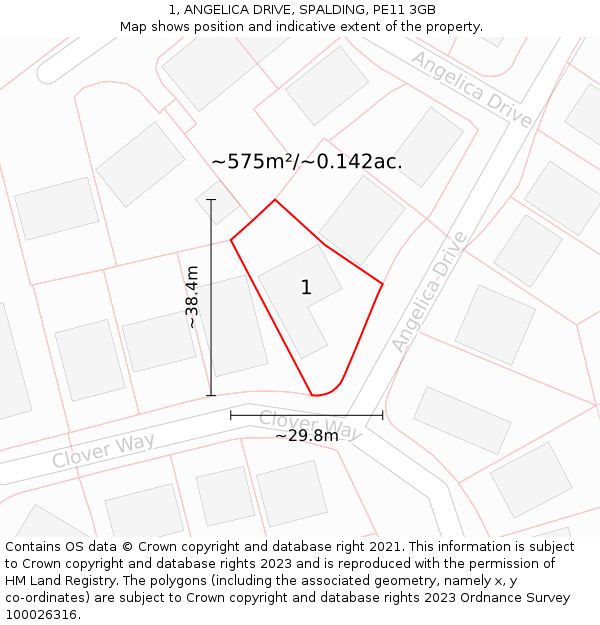 1, ANGELICA DRIVE, SPALDING, PE11 3GB: Plot and title map