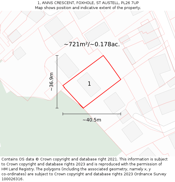 1, ANNS CRESCENT, FOXHOLE, ST AUSTELL, PL26 7UP: Plot and title map