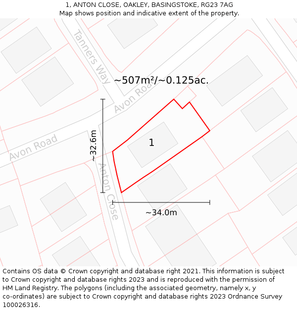 1, ANTON CLOSE, OAKLEY, BASINGSTOKE, RG23 7AG: Plot and title map