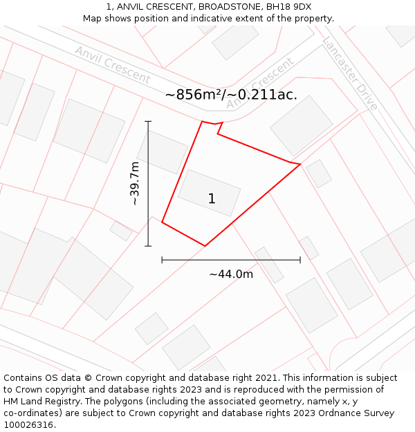 1, ANVIL CRESCENT, BROADSTONE, BH18 9DX: Plot and title map