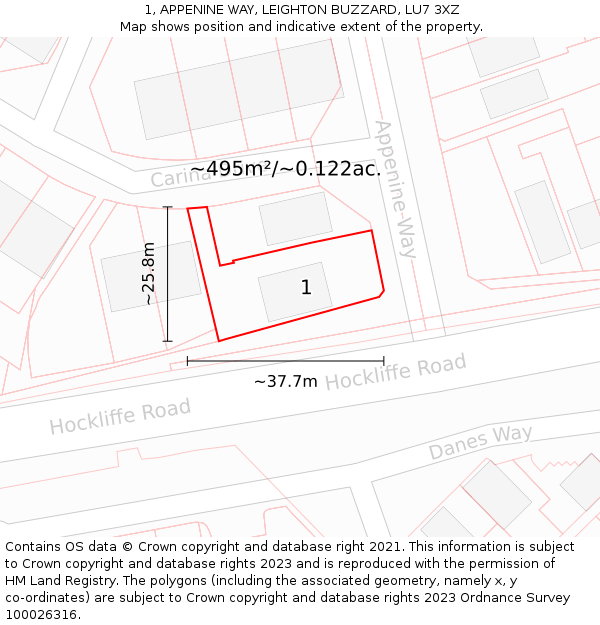 1, APPENINE WAY, LEIGHTON BUZZARD, LU7 3XZ: Plot and title map