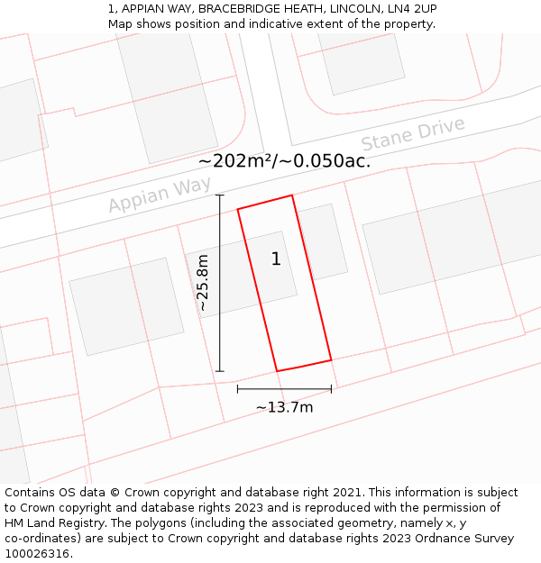 1, APPIAN WAY, BRACEBRIDGE HEATH, LINCOLN, LN4 2UP: Plot and title map