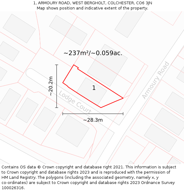 1, ARMOURY ROAD, WEST BERGHOLT, COLCHESTER, CO6 3JN: Plot and title map