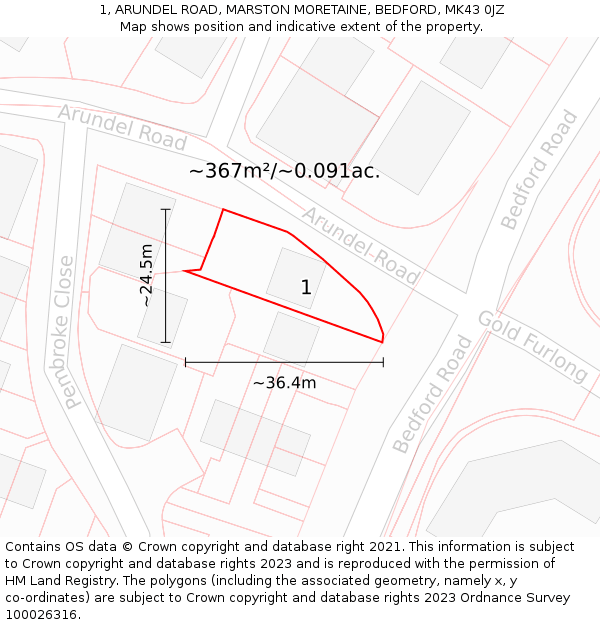 1, ARUNDEL ROAD, MARSTON MORETAINE, BEDFORD, MK43 0JZ: Plot and title map