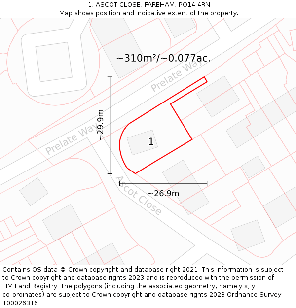 1, ASCOT CLOSE, FAREHAM, PO14 4RN: Plot and title map