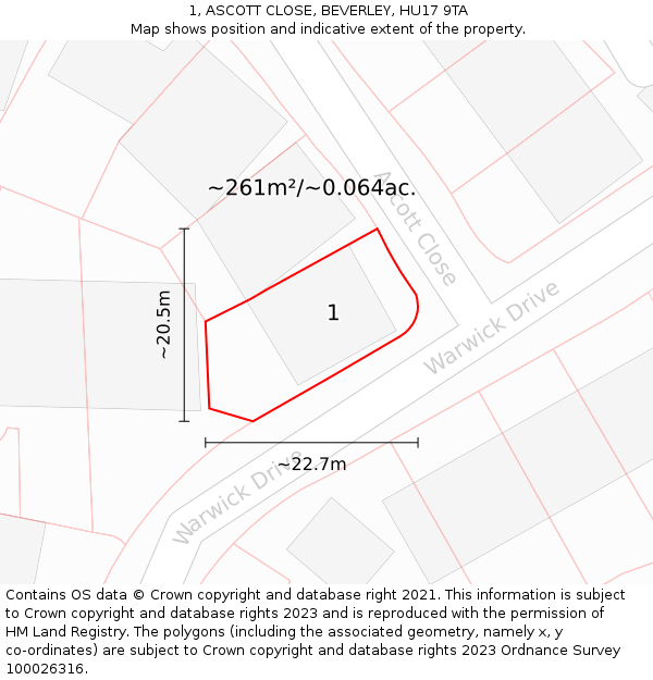 1, ASCOTT CLOSE, BEVERLEY, HU17 9TA: Plot and title map