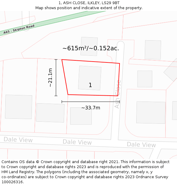 1, ASH CLOSE, ILKLEY, LS29 9BT: Plot and title map