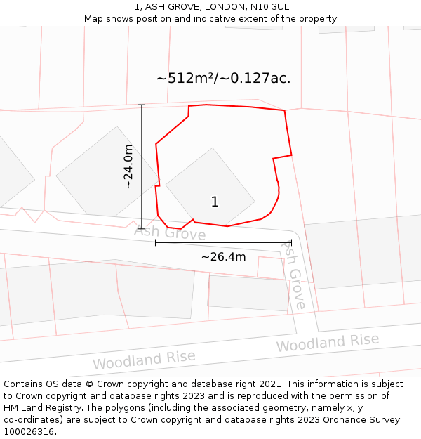 1, ASH GROVE, LONDON, N10 3UL: Plot and title map