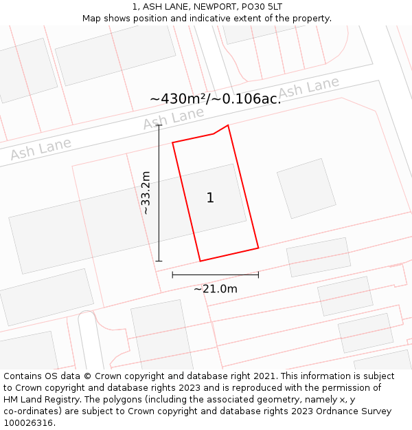1, ASH LANE, NEWPORT, PO30 5LT: Plot and title map