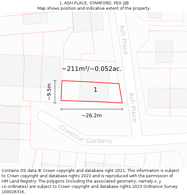 1, ASH PLACE, STAMFORD, PE9 2JB: Plot and title map