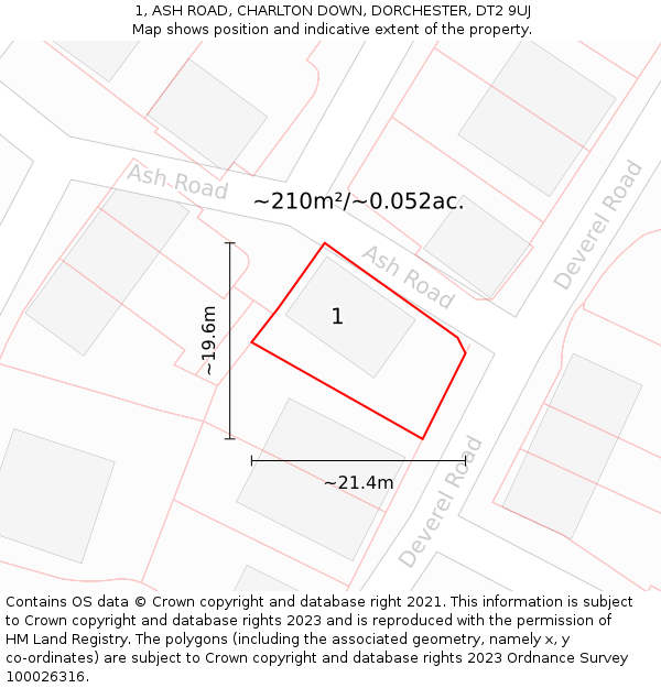 1, ASH ROAD, CHARLTON DOWN, DORCHESTER, DT2 9UJ: Plot and title map