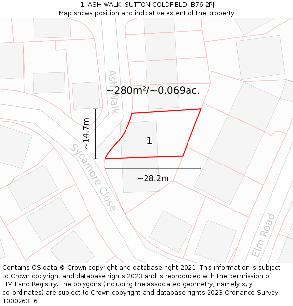 1, ASH WALK, SUTTON COLDFIELD, B76 2PJ: Plot and title map