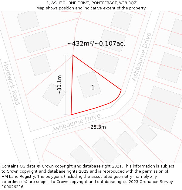 1, ASHBOURNE DRIVE, PONTEFRACT, WF8 3QZ: Plot and title map