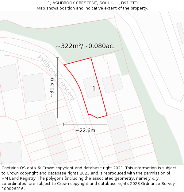 1, ASHBROOK CRESCENT, SOLIHULL, B91 3TD: Plot and title map