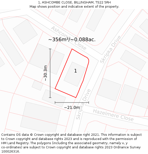 1, ASHCOMBE CLOSE, BILLINGHAM, TS22 5RH: Plot and title map