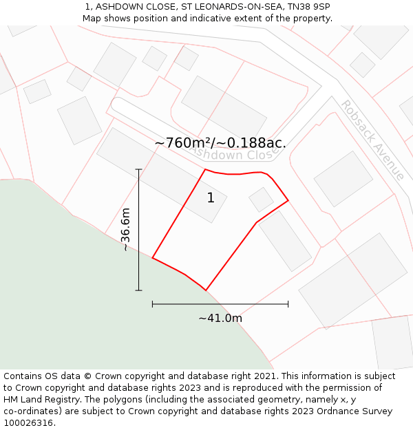 1, ASHDOWN CLOSE, ST LEONARDS-ON-SEA, TN38 9SP: Plot and title map