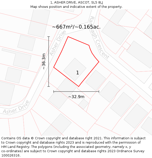 1, ASHER DRIVE, ASCOT, SL5 8LJ: Plot and title map