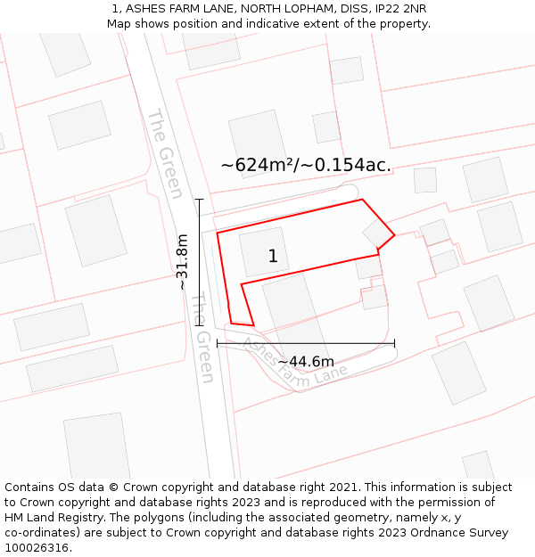 1, ASHES FARM LANE, NORTH LOPHAM, DISS, IP22 2NR: Plot and title map