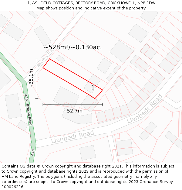 1, ASHFIELD COTTAGES, RECTORY ROAD, CRICKHOWELL, NP8 1DW: Plot and title map