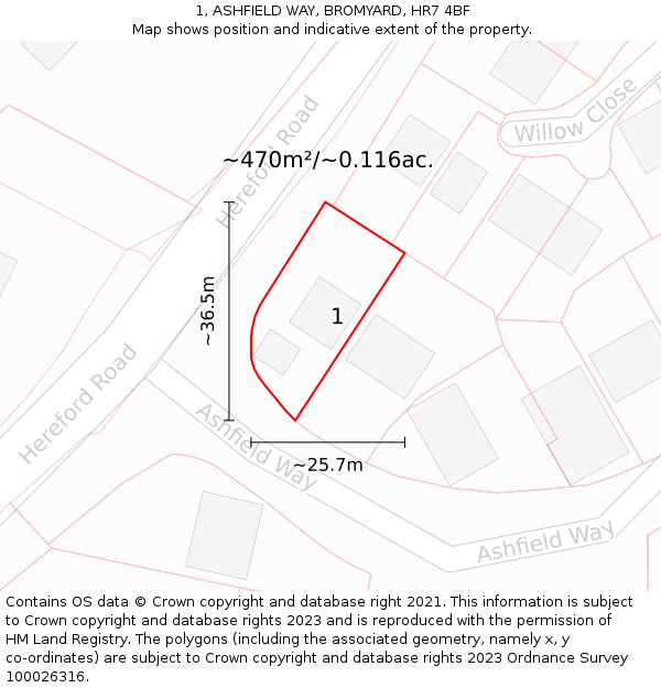 1, ASHFIELD WAY, BROMYARD, HR7 4BF: Plot and title map