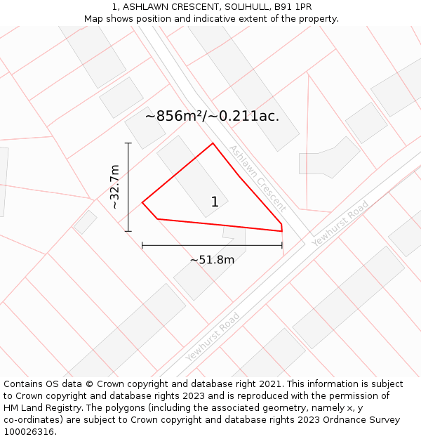 1, ASHLAWN CRESCENT, SOLIHULL, B91 1PR: Plot and title map