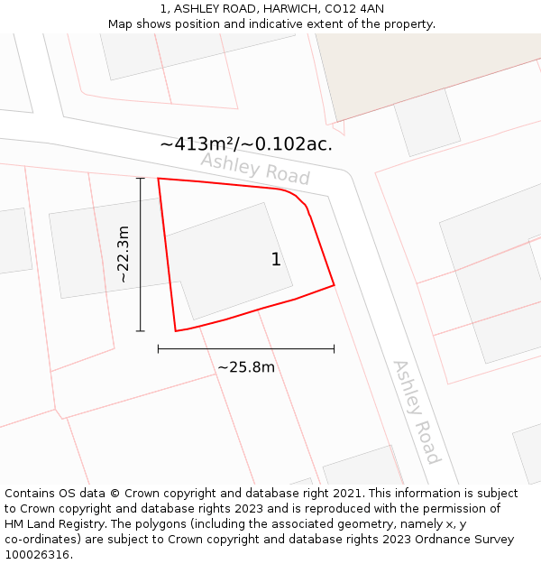 1, ASHLEY ROAD, HARWICH, CO12 4AN: Plot and title map