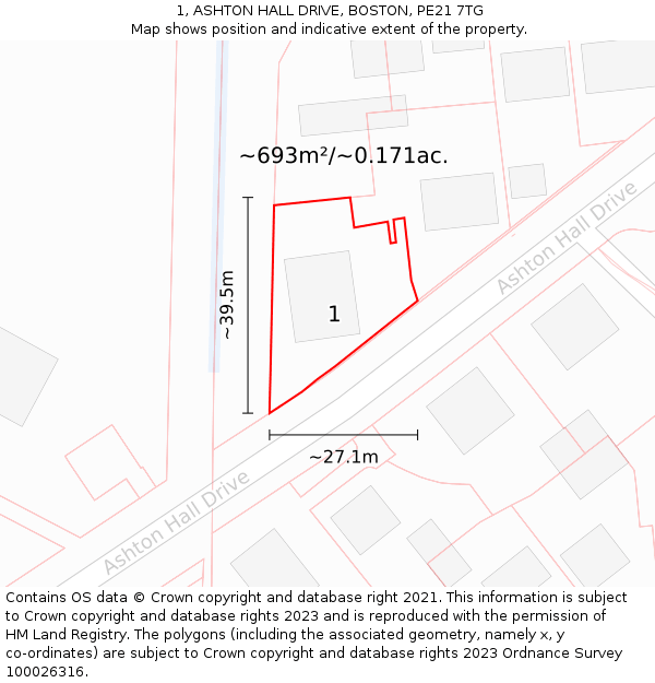 1, ASHTON HALL DRIVE, BOSTON, PE21 7TG: Plot and title map