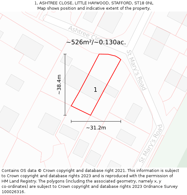 1, ASHTREE CLOSE, LITTLE HAYWOOD, STAFFORD, ST18 0NL: Plot and title map