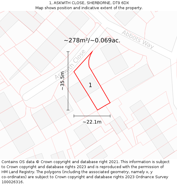1, ASKWITH CLOSE, SHERBORNE, DT9 6DX: Plot and title map